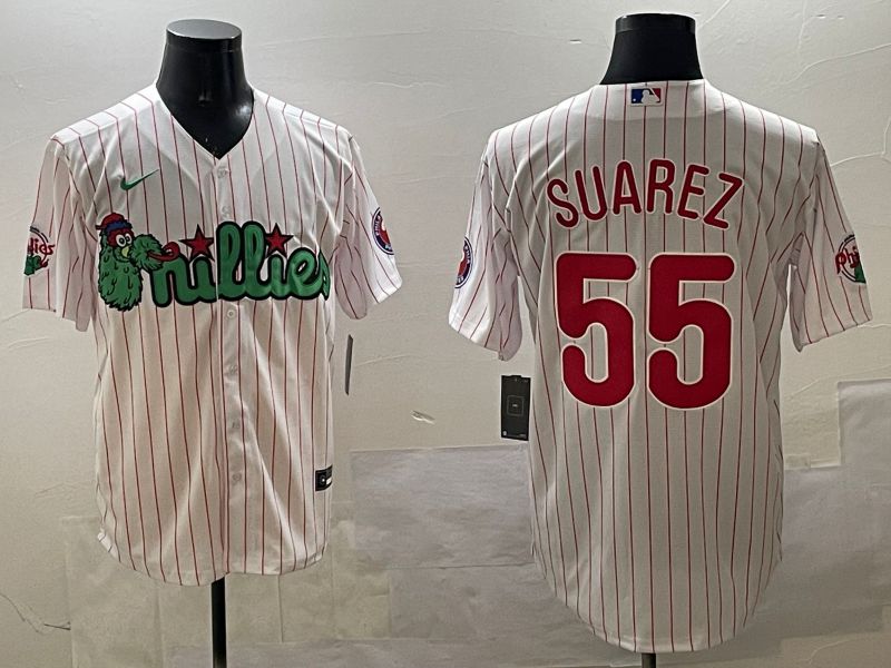 Men Philadelphia Phillies #55 Suarez White Stripe Three generations Joint Name Game 2025 Nike MLB Jersey style 1